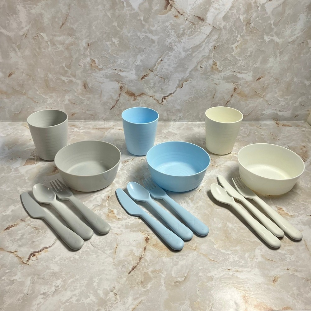 Ikea KALAS Boys 15 Pieces Bowls Cups Cutlery Mixed Pastel Colors PBA Free